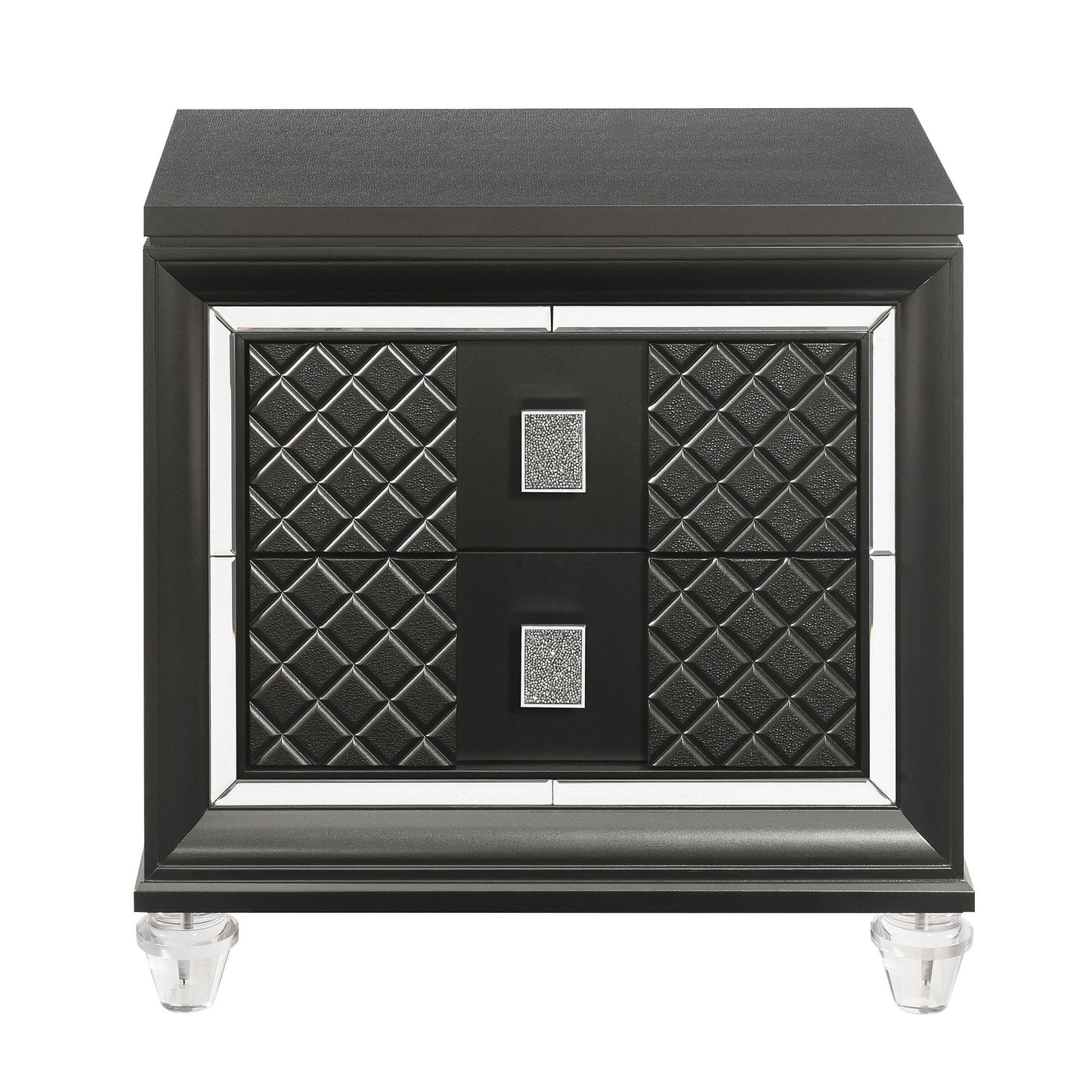 Black faux leather nightstand with diamond tufting and crystal knobs