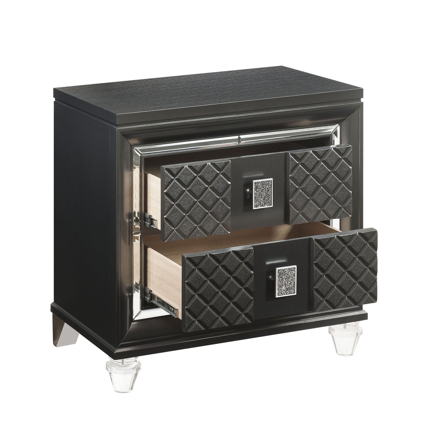 Black contemporary nightstand with two embossed drawers and crystal knobs
