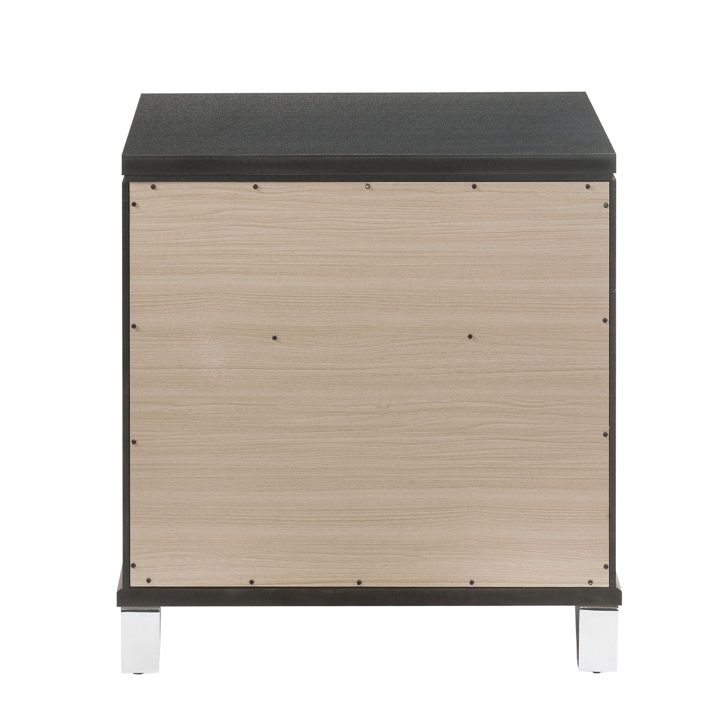 Dark grey textured top on light wood bedside table with chrome legs