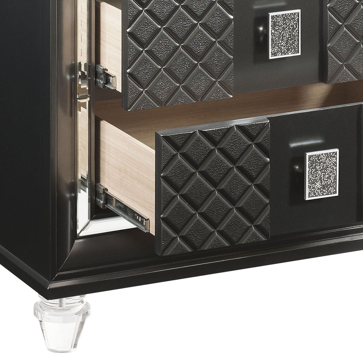 Black bedside table with textured diamond drawer fronts and crystal knobs