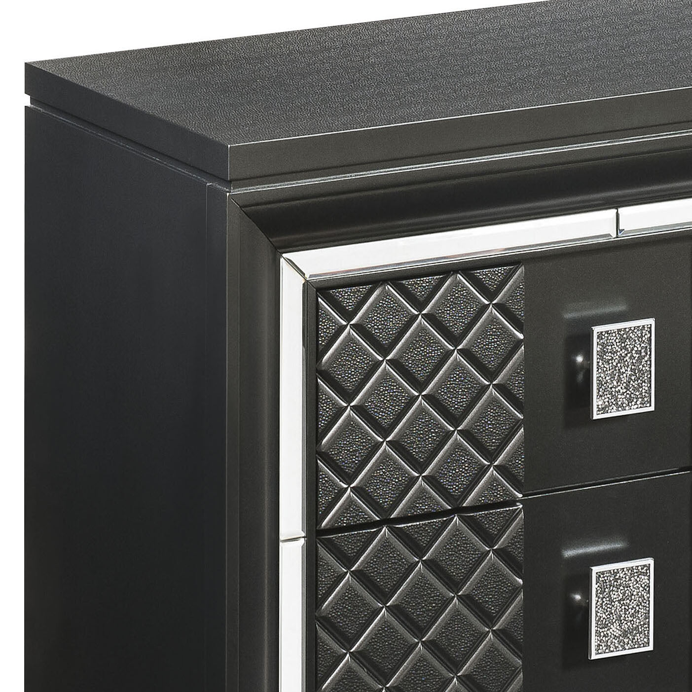 Black bedside table with diamondtufted drawer fronts and mirrored trim