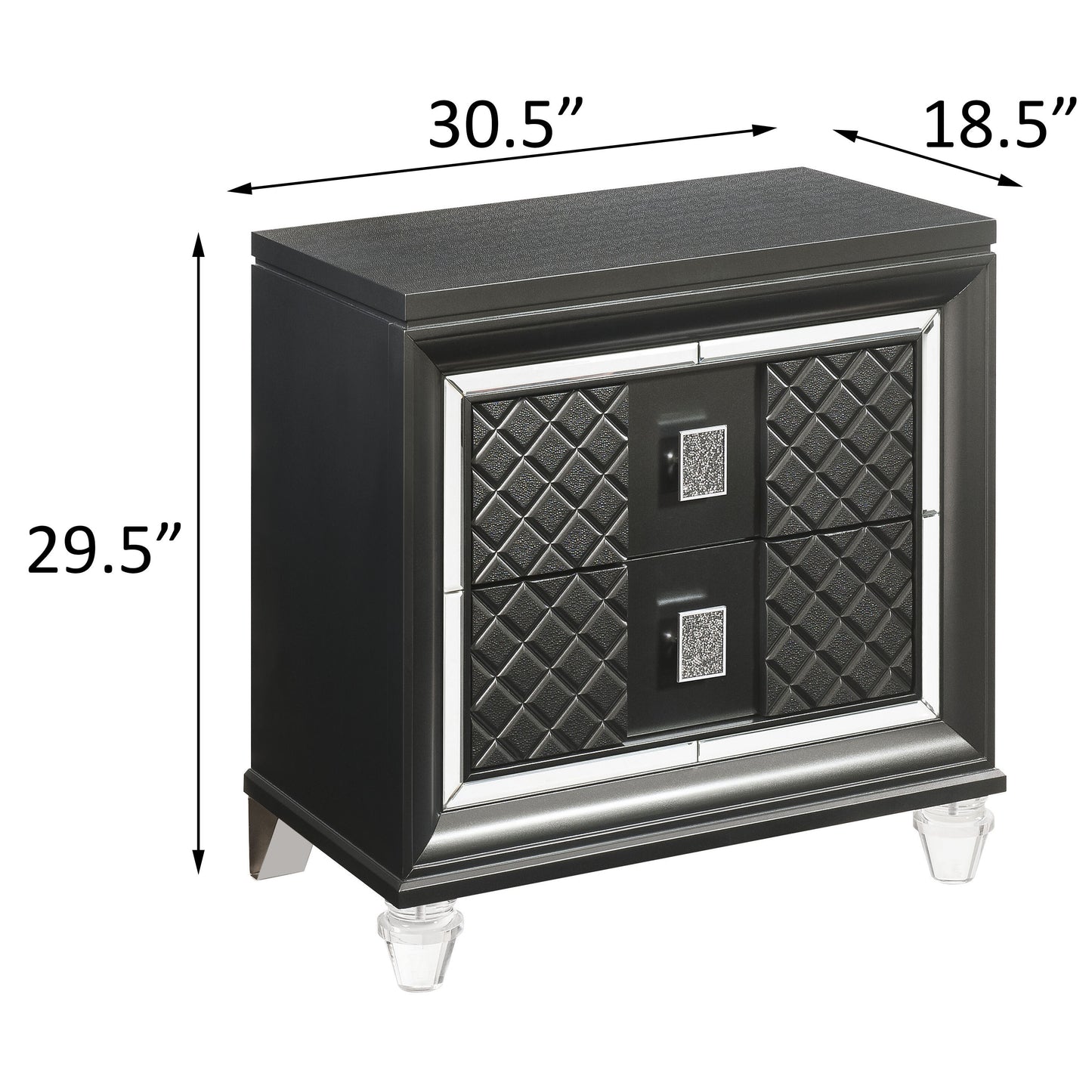Dark grey upholstered nightstand with diamond tufting and crystal drawer pulls