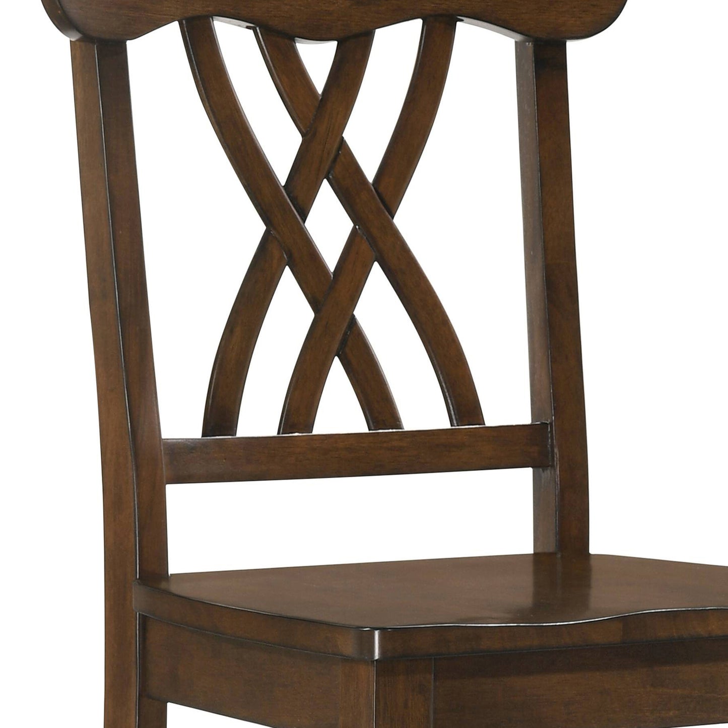 Closeup of a dark wood dining chair with an Xshaped backrest design