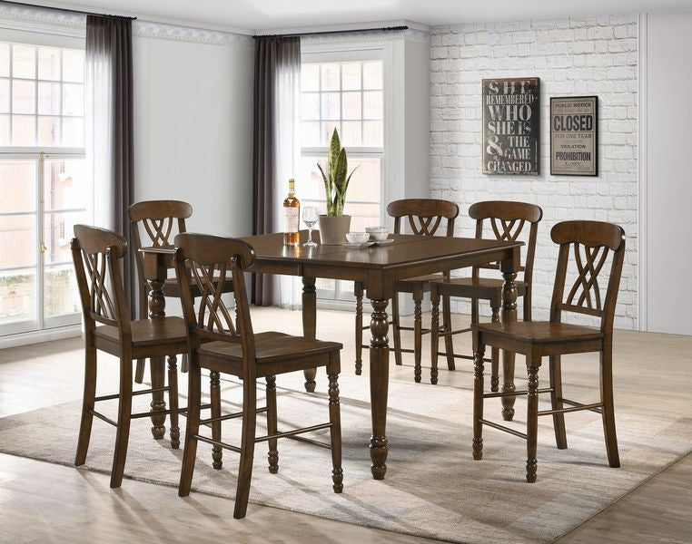 Dark brown wooden counter height table and chairs with crisscross backs