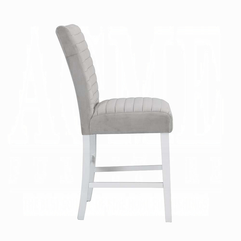 Grey velvet counter stool with channeled back and white wooden legs