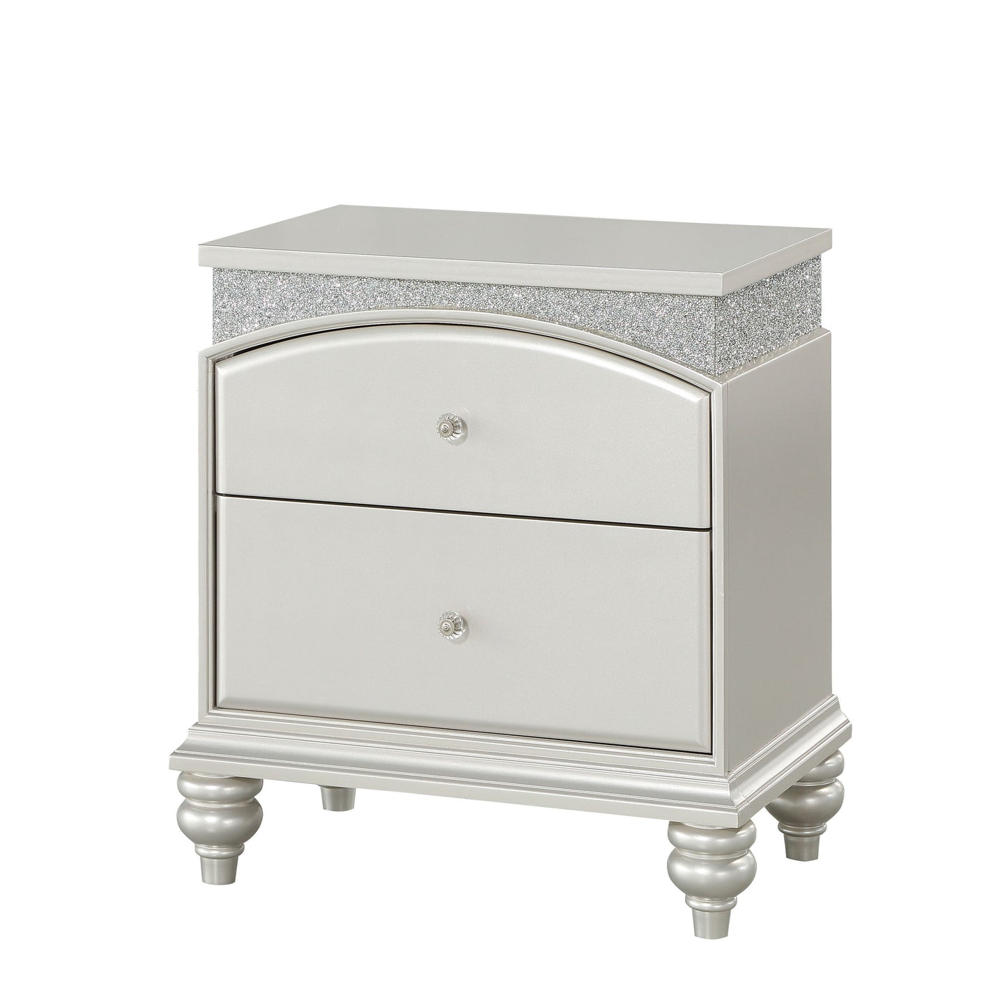 Glamorous silver twodrawer nightstand with crystal knobs and a glitter accent band