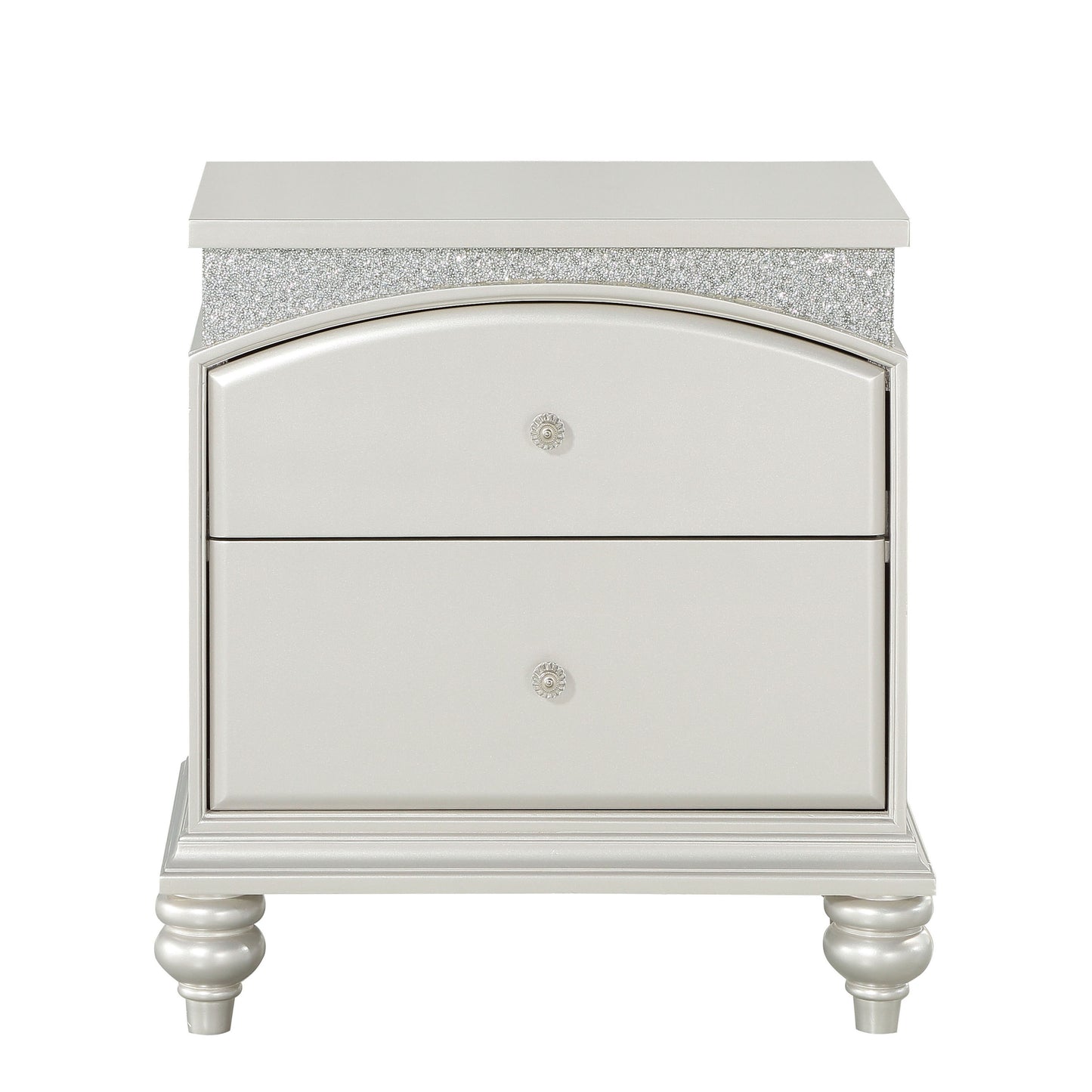 Glamorous silver nightstand with crystallike accents and two drawers