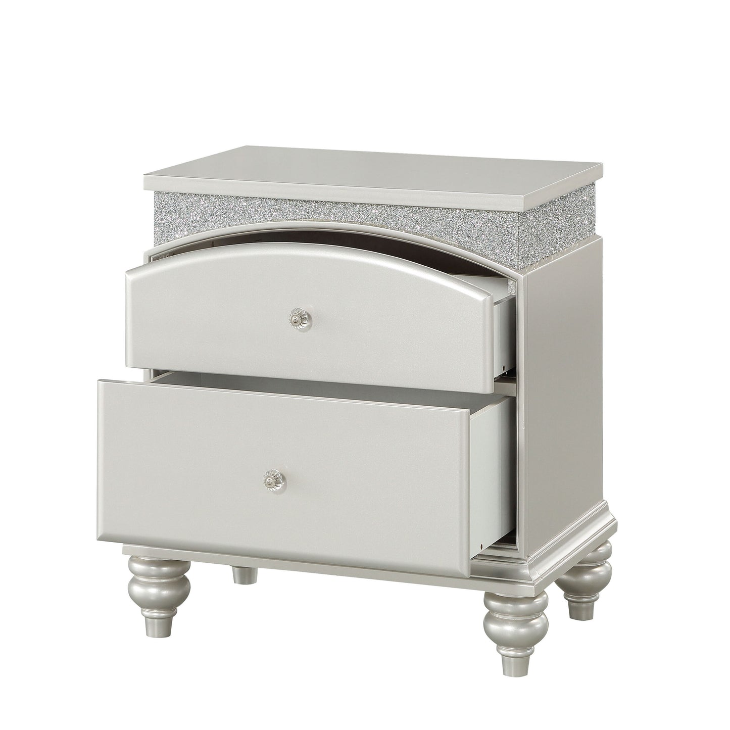 Silver mirrored nightstand with crystal knobs and decorative glitter accents