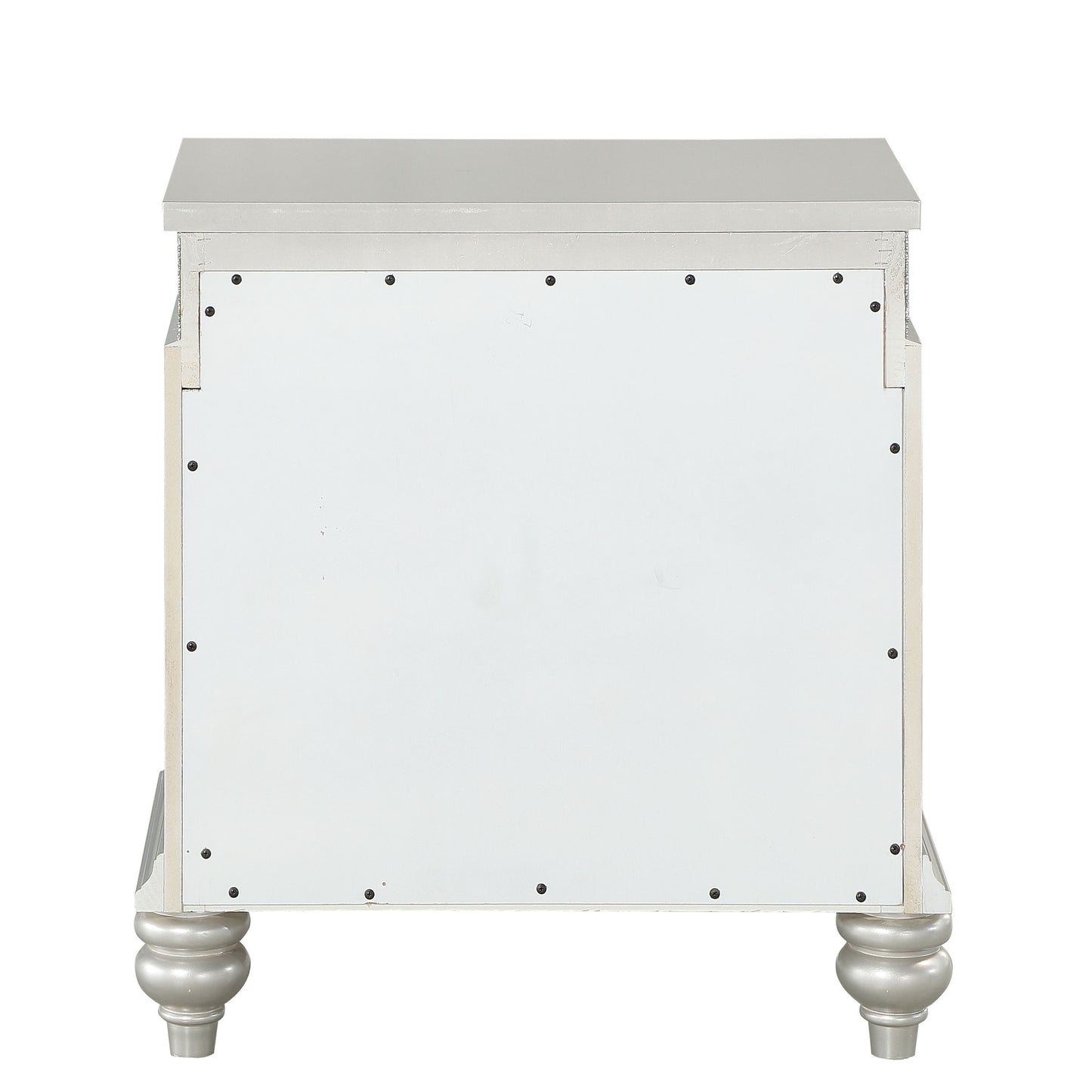Silver carved wood nightstand with ornate turned legs and distressed finish