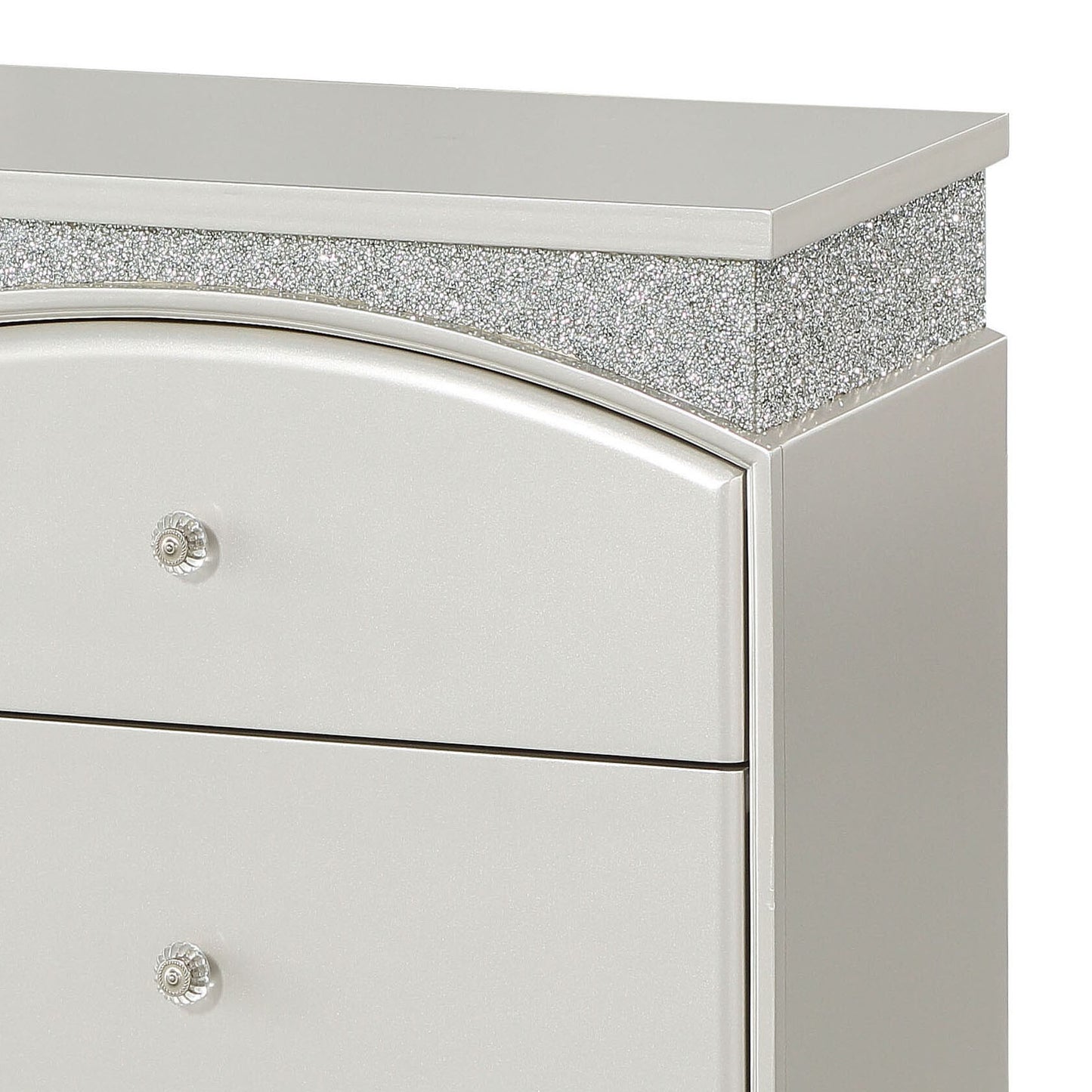 Silver dresser with crystal knobs and a glittering crystal trim accent
