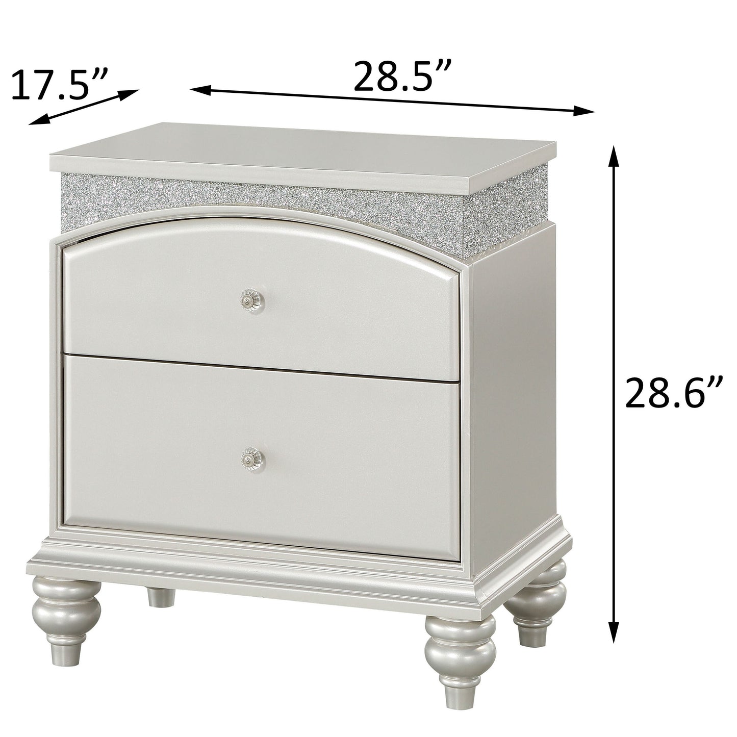 Silver glitter nightstand with two drawers and crystal knobs
