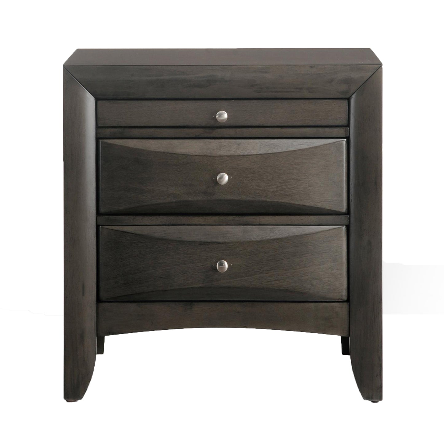 Dark gray wooden nightstand with three drawers and silver knobs