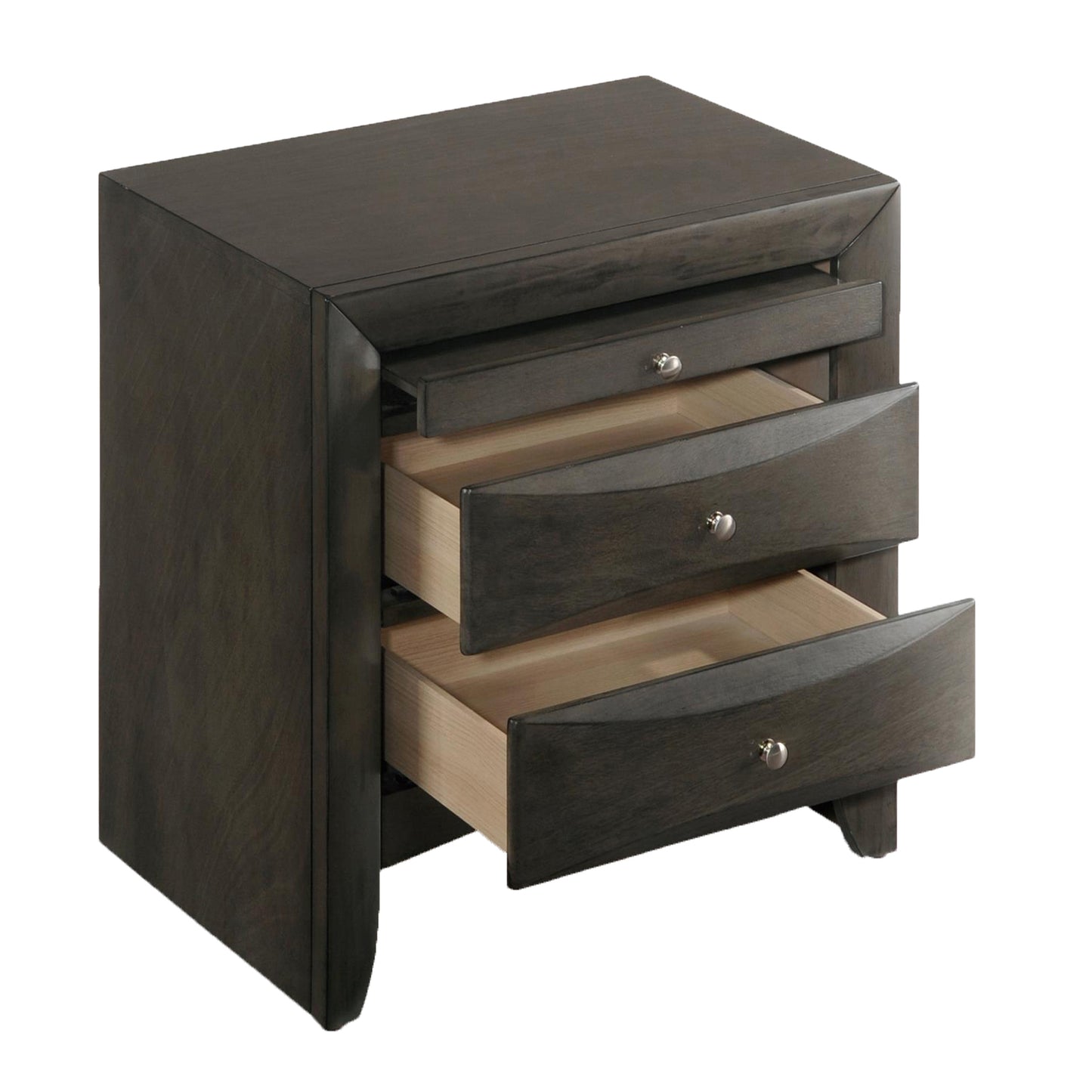Dark gray wooden nightstand with three drawers and silver knobs