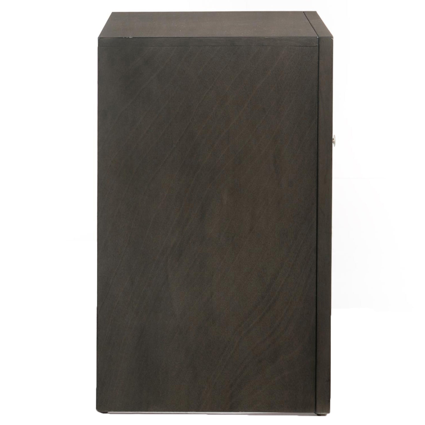 Dark wood cabinet side view with subtle grain detail and silver knob Modern storage solution