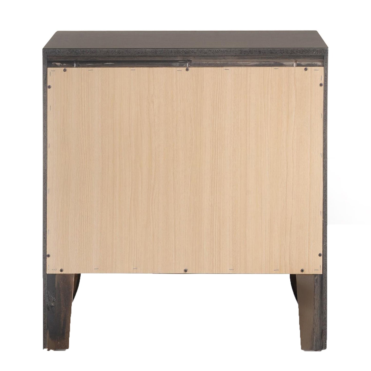 Back view of a dark grey laminate nightstand with a light wood panel and visible screws