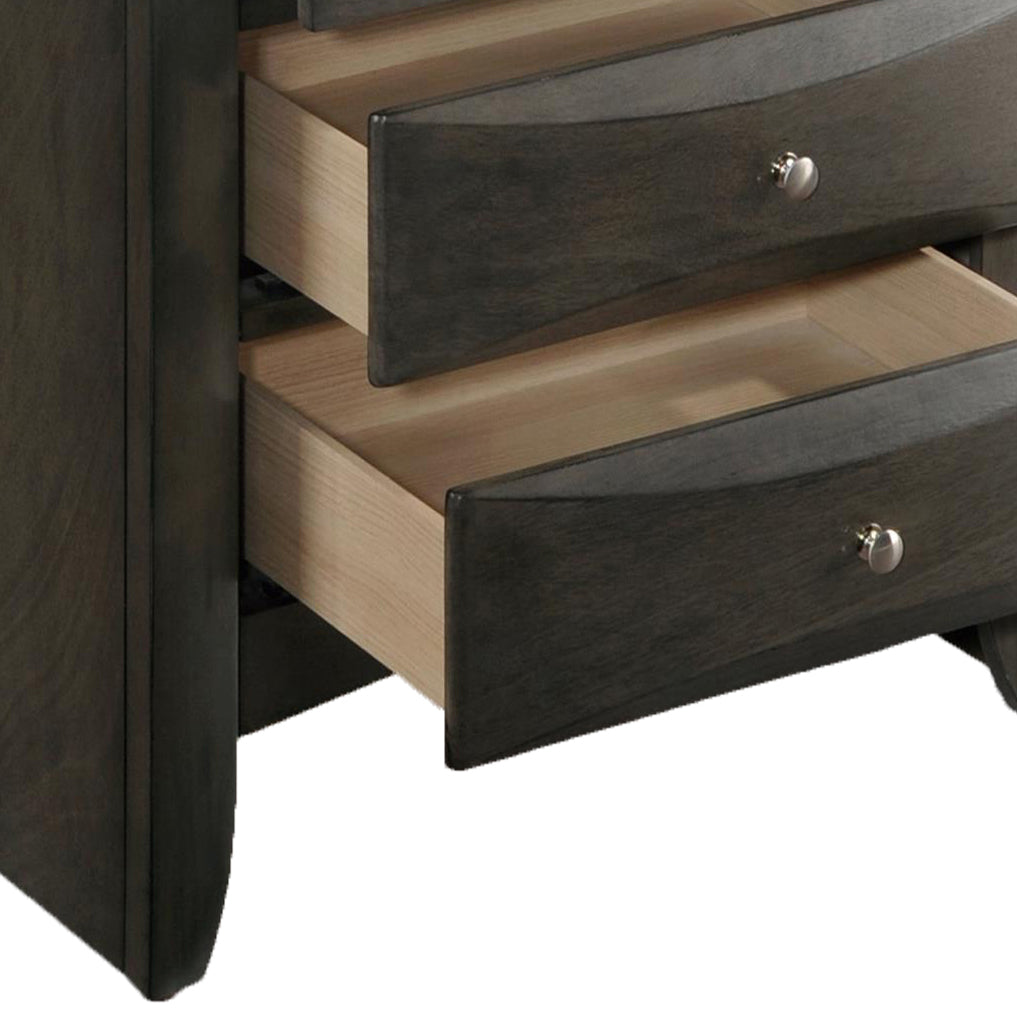 Dark gray modern dresser with open drawers and brushed nickel knobs showcasing smooth wood finish