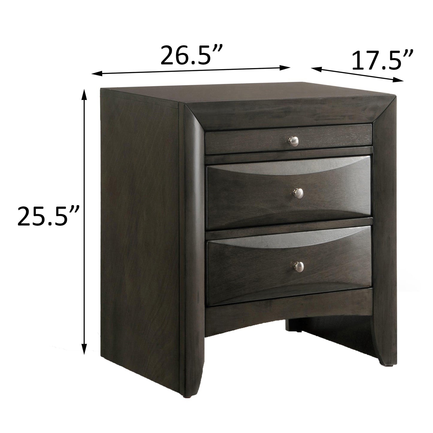 Dark gray modern nightstand with three curved drawers and silver knobs