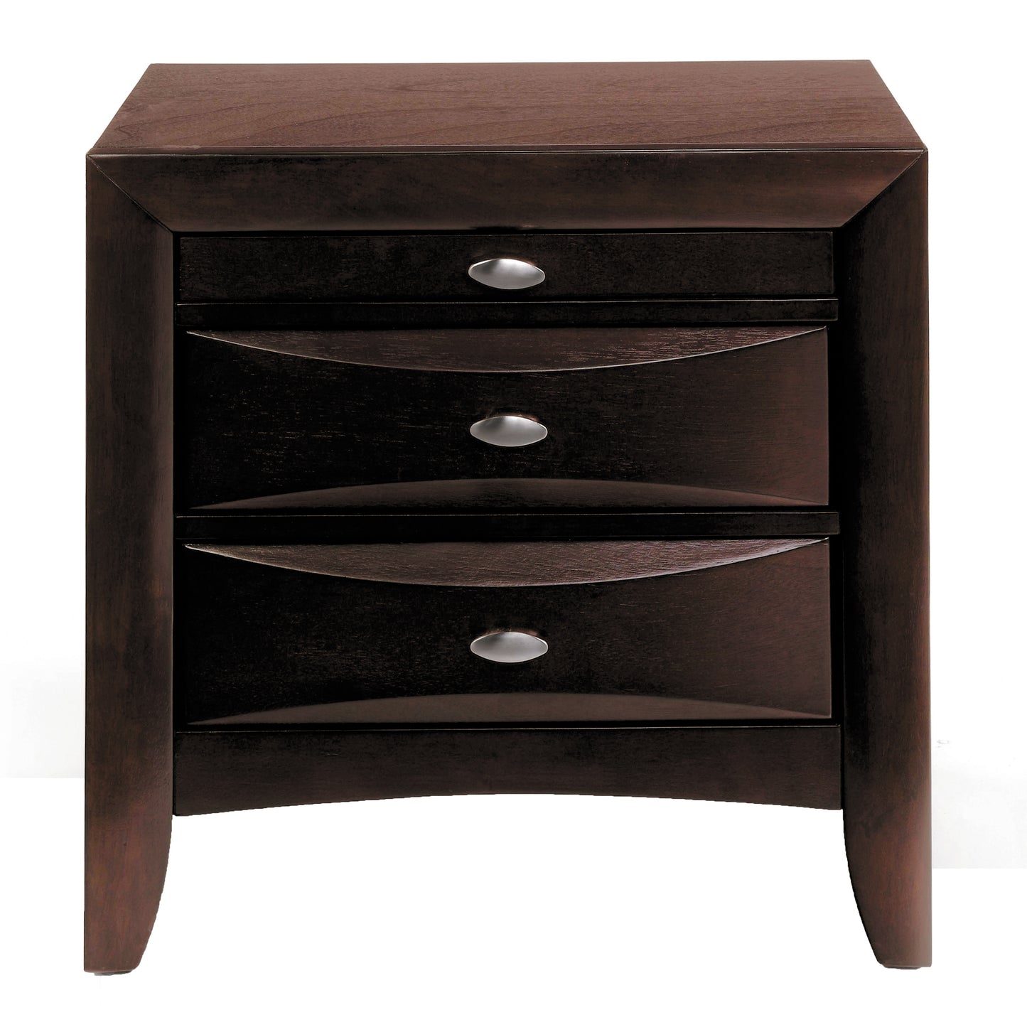 Dark brown wooden nightstand with three curved drawers and silver hardware