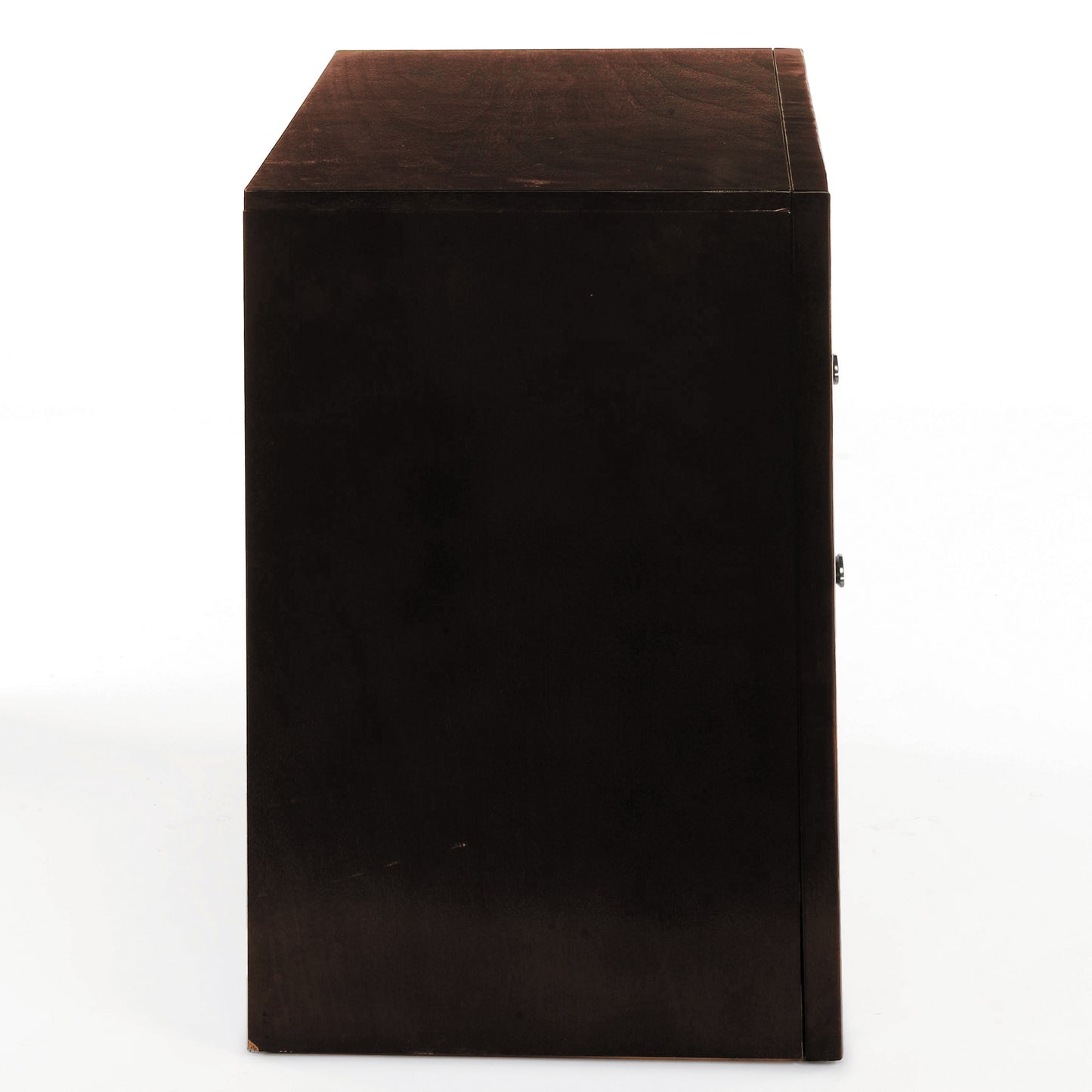 Dark brown wooden bedside table with brushed nickel hardware minimalist design