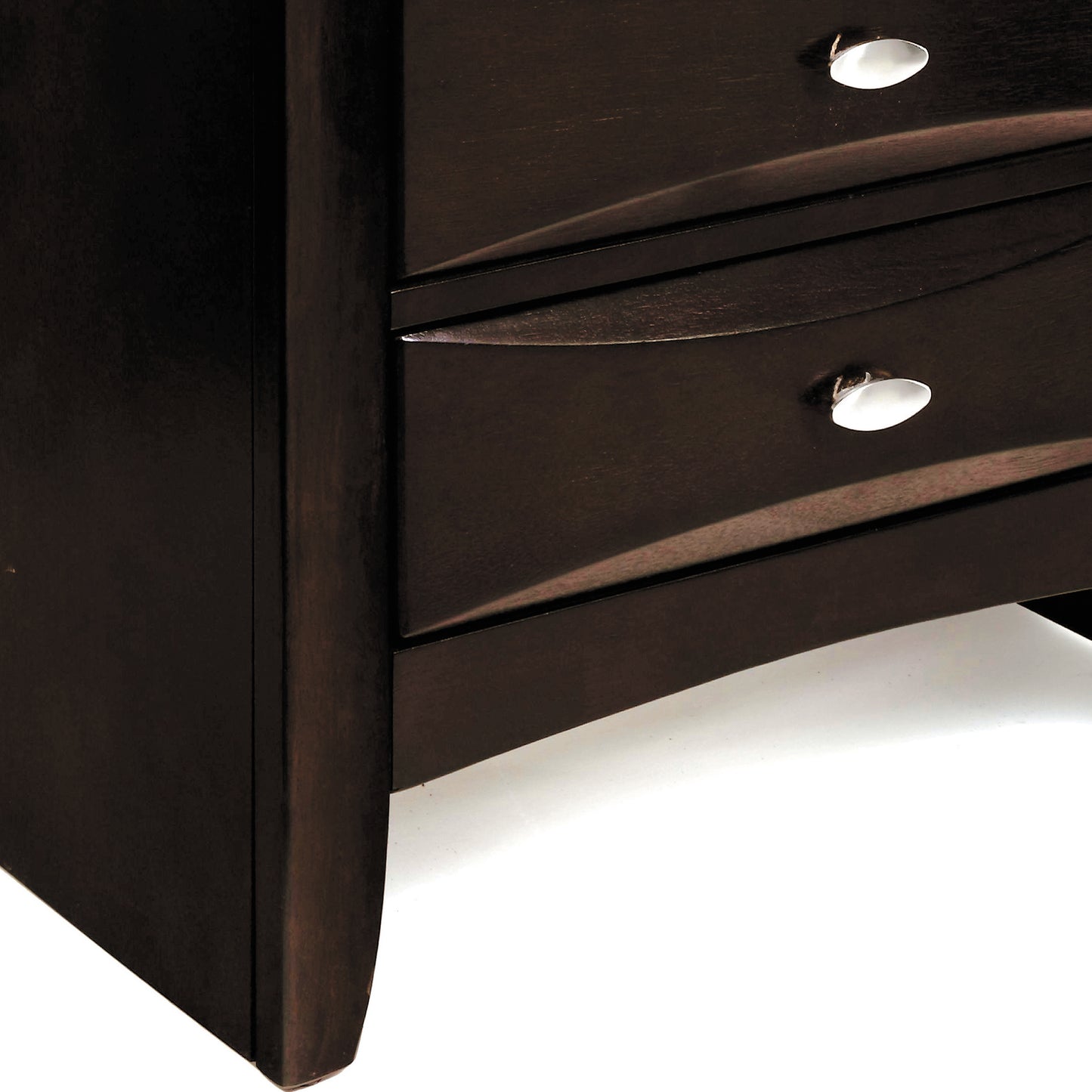 Dark espresso wood bedside table with two curved drawers and silver knobs