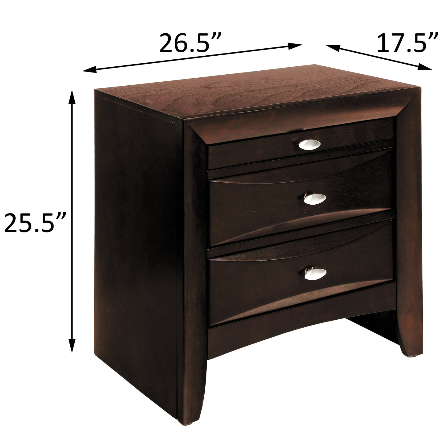 Dark brown wooden nightstand with three curved drawers and silver knobs dimensions xx