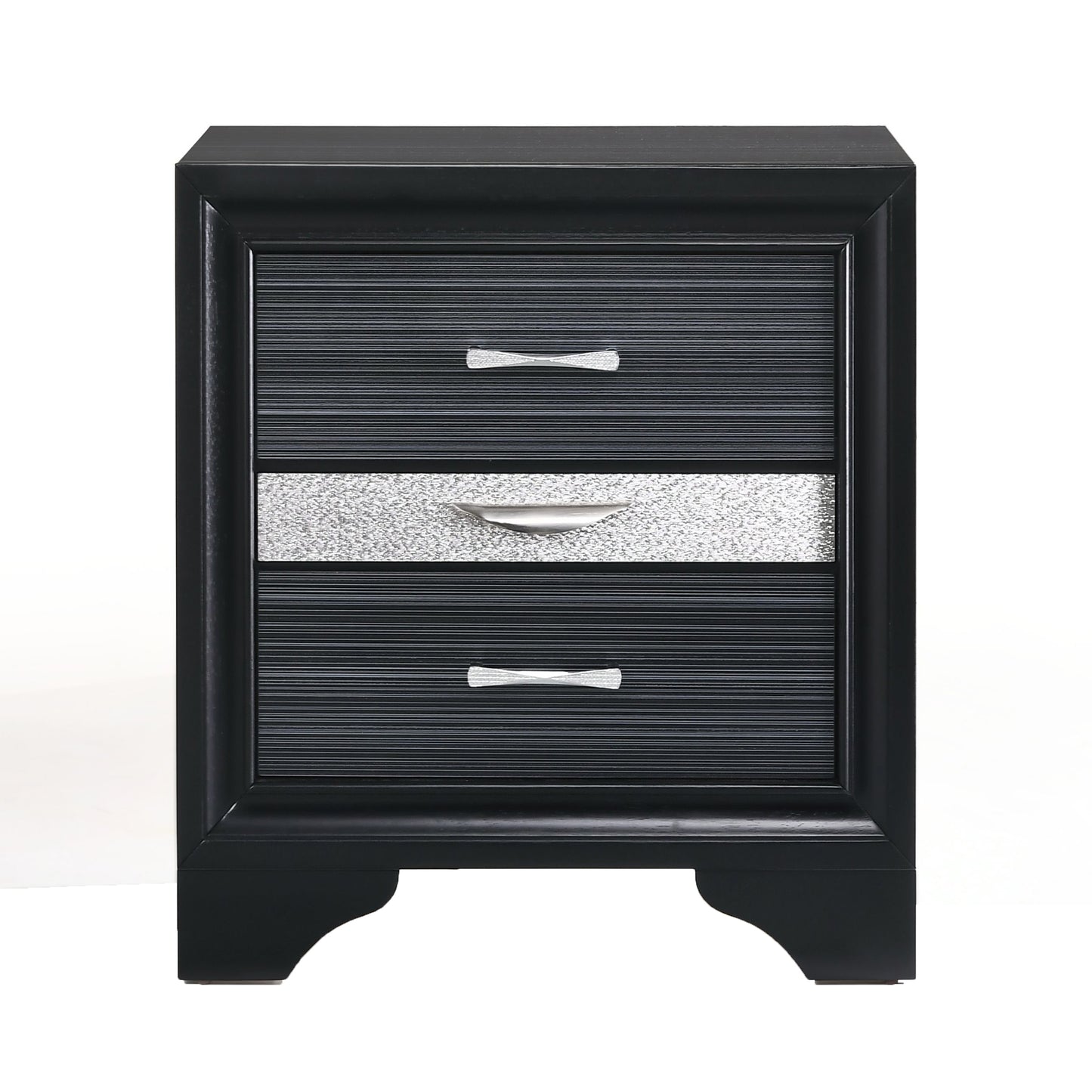 Black threedrawer nightstand with grooved drawer fronts and decorative hardware