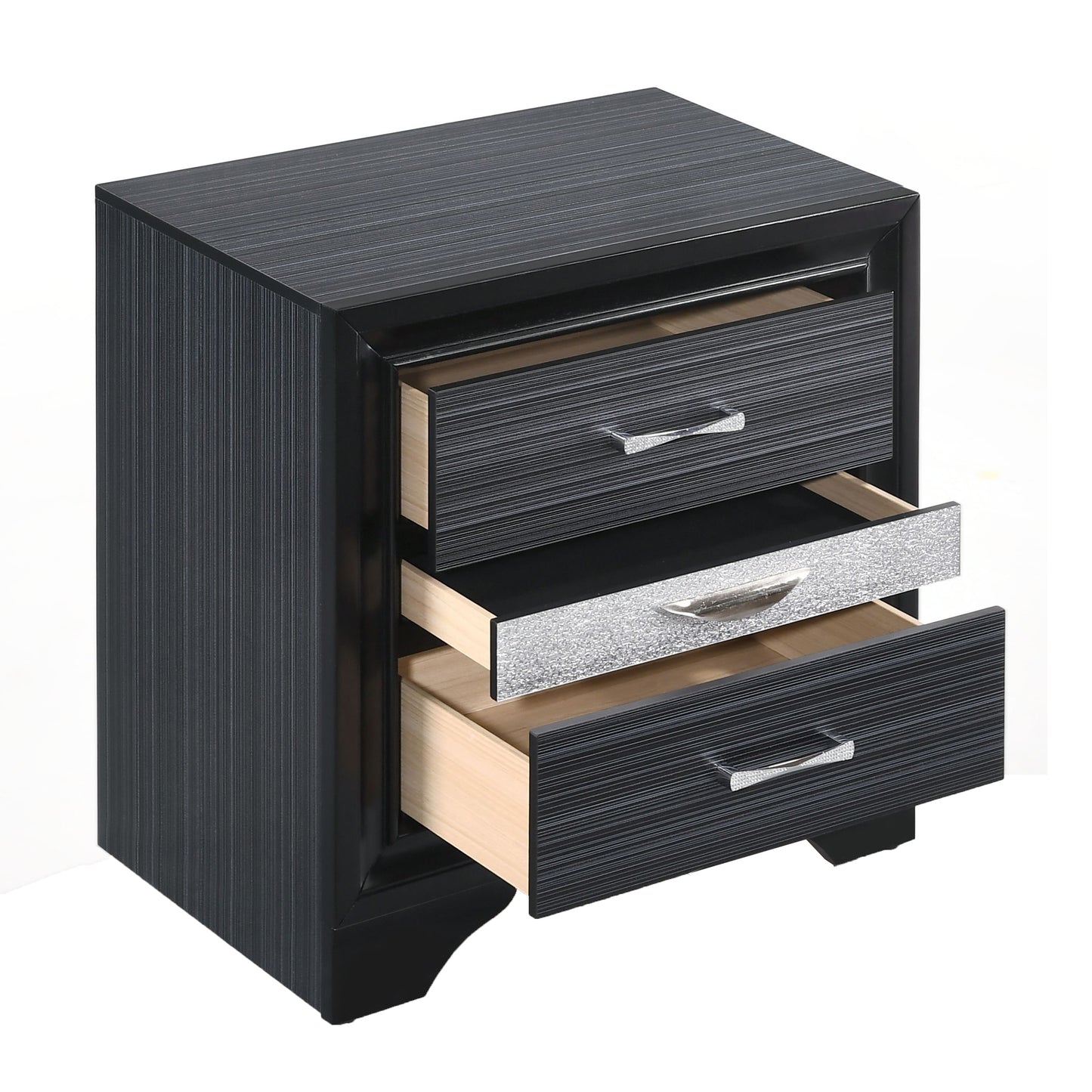 Black nightstand with three drawers brushed metal finish and chrome handles