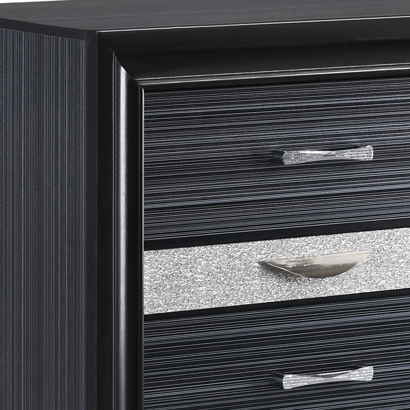 Black dresser with silver glitter inlay and modern drawer pulls
