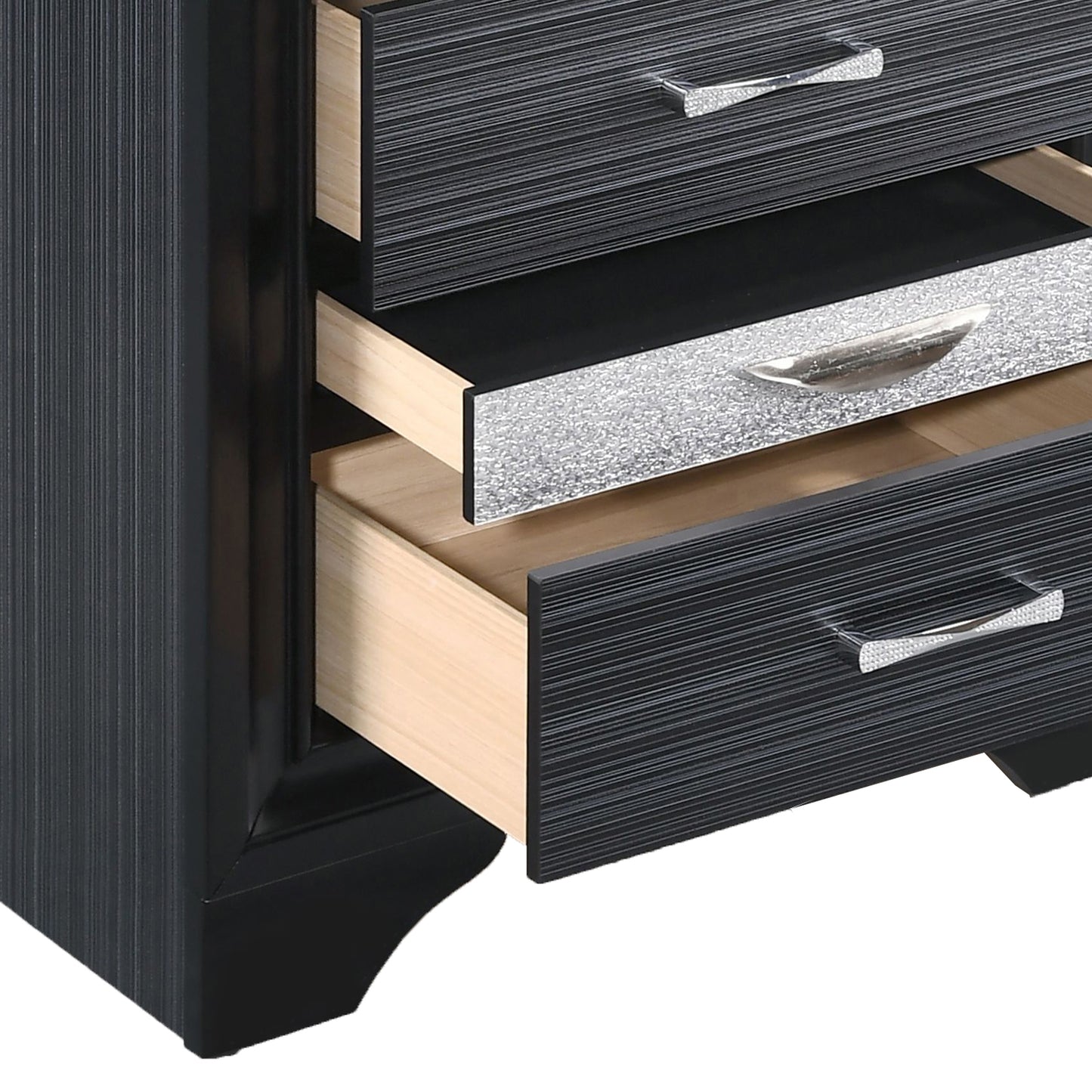 Black textured nightstand with three drawers featuring silver crystalembellished pulls