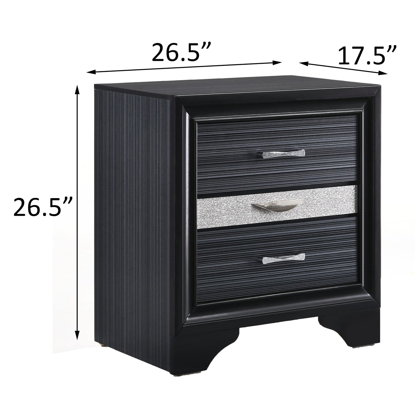 Sleek black nightstand with three drawers featuring silver crystal accents and ribbed drawer fronts