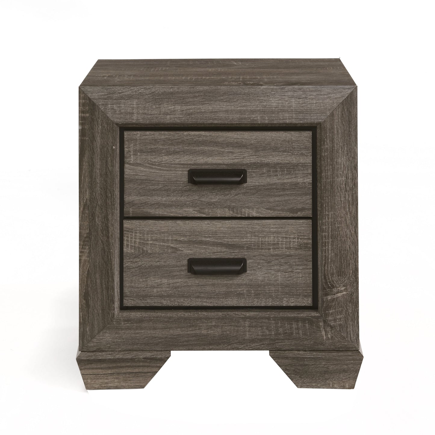 Twodrawer grey wash wood nightstand with black pull handles and a modern geometric frame