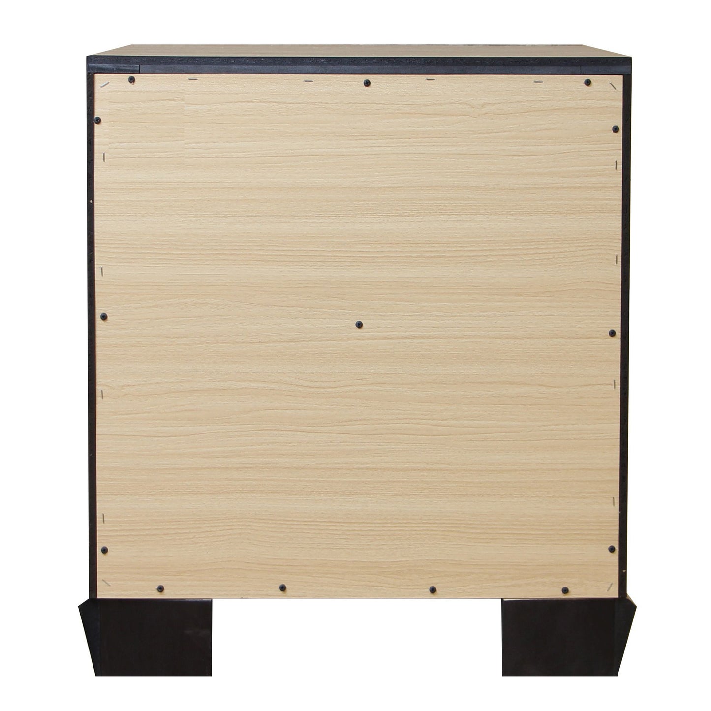 Back panel of a light wood laminate bedside table secured with screws