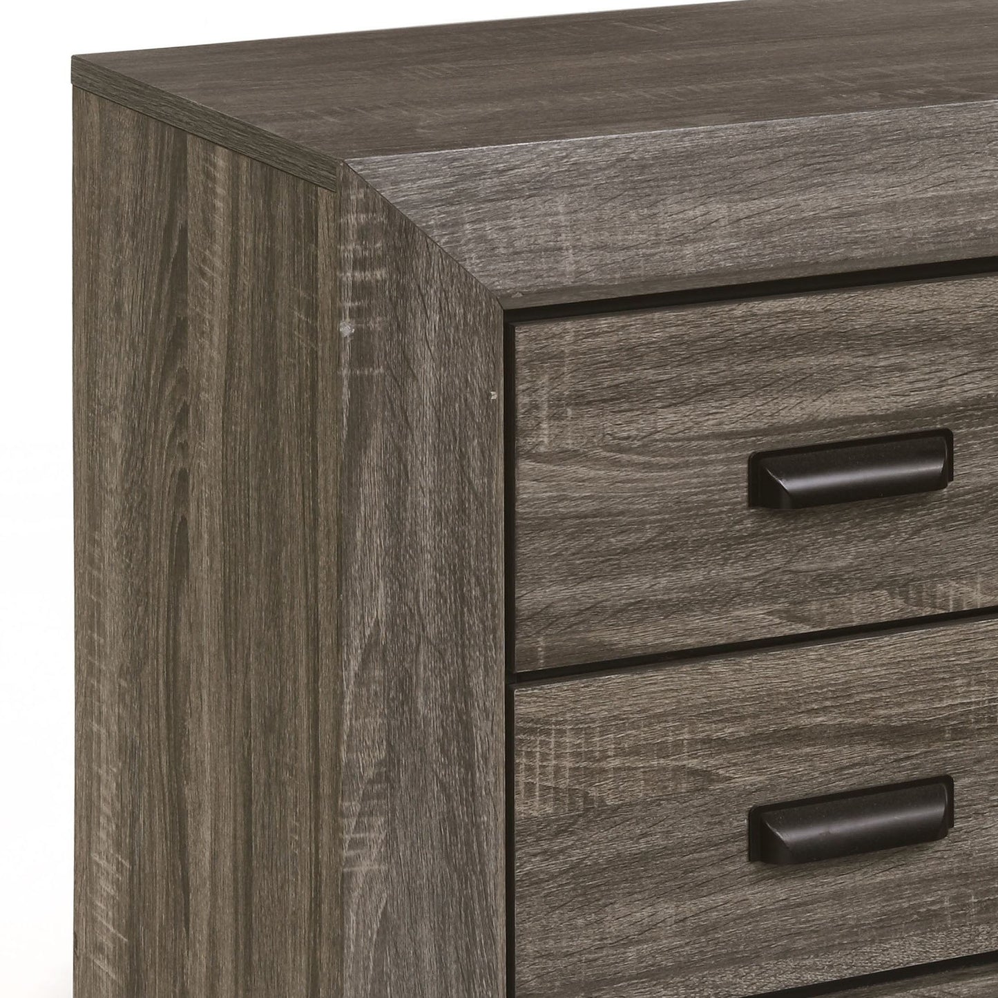 Dark wood grain dresser side with two black handle drawers