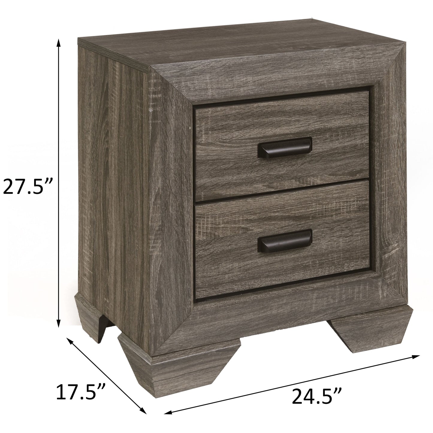 Rustic gray wood finish nightstand with two drawers and black metal handles