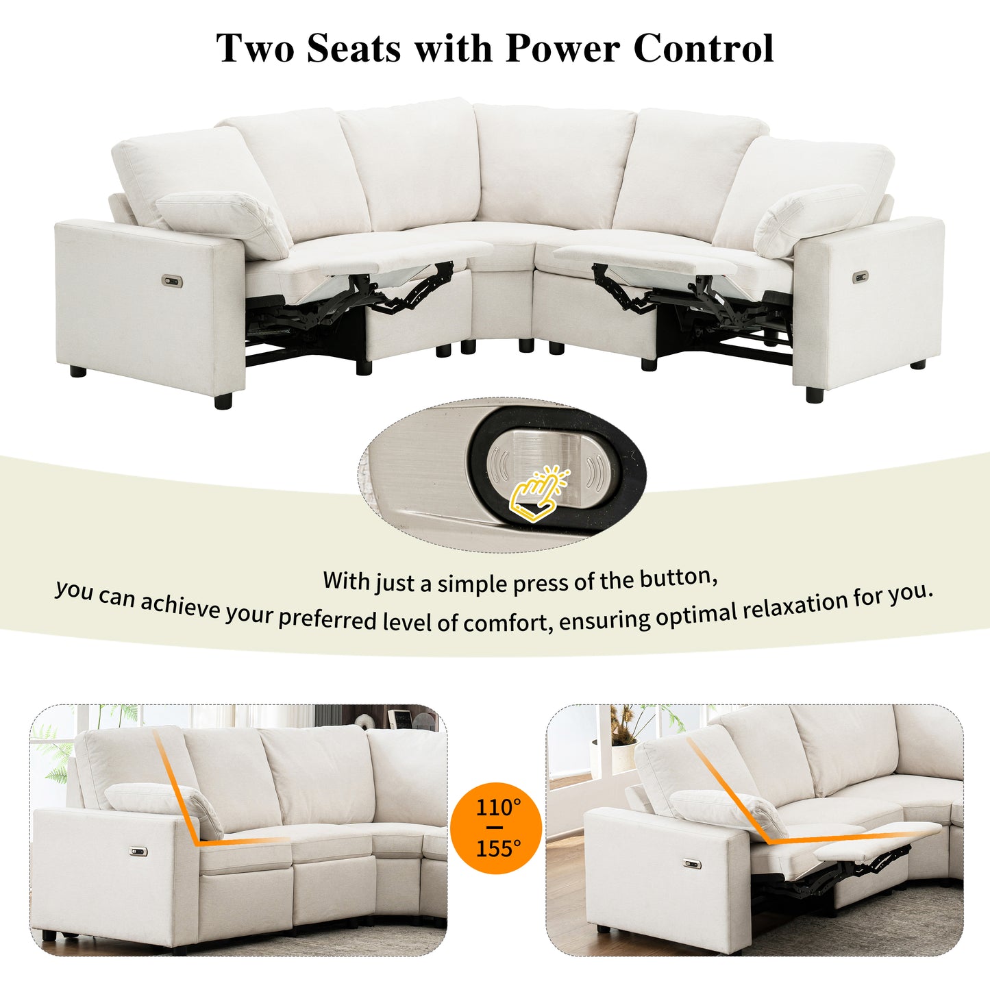 Light beige fabric sectional sofa with power recline for ultimate relaxation