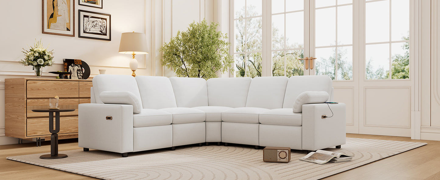 Spacious white sectional sofa with plush cushions and builtin USB charging ports
