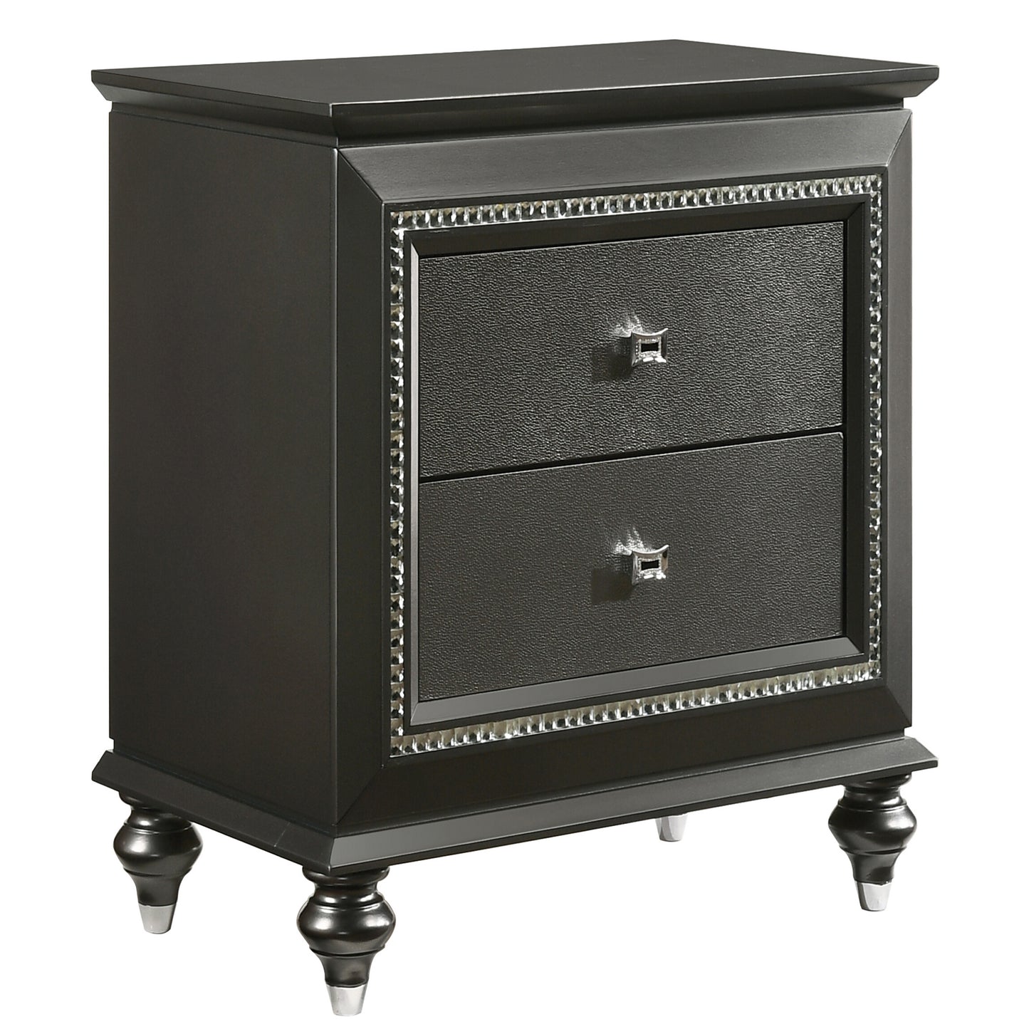 Dark grey nightstand with two textured drawers crystal accents and ornate legs