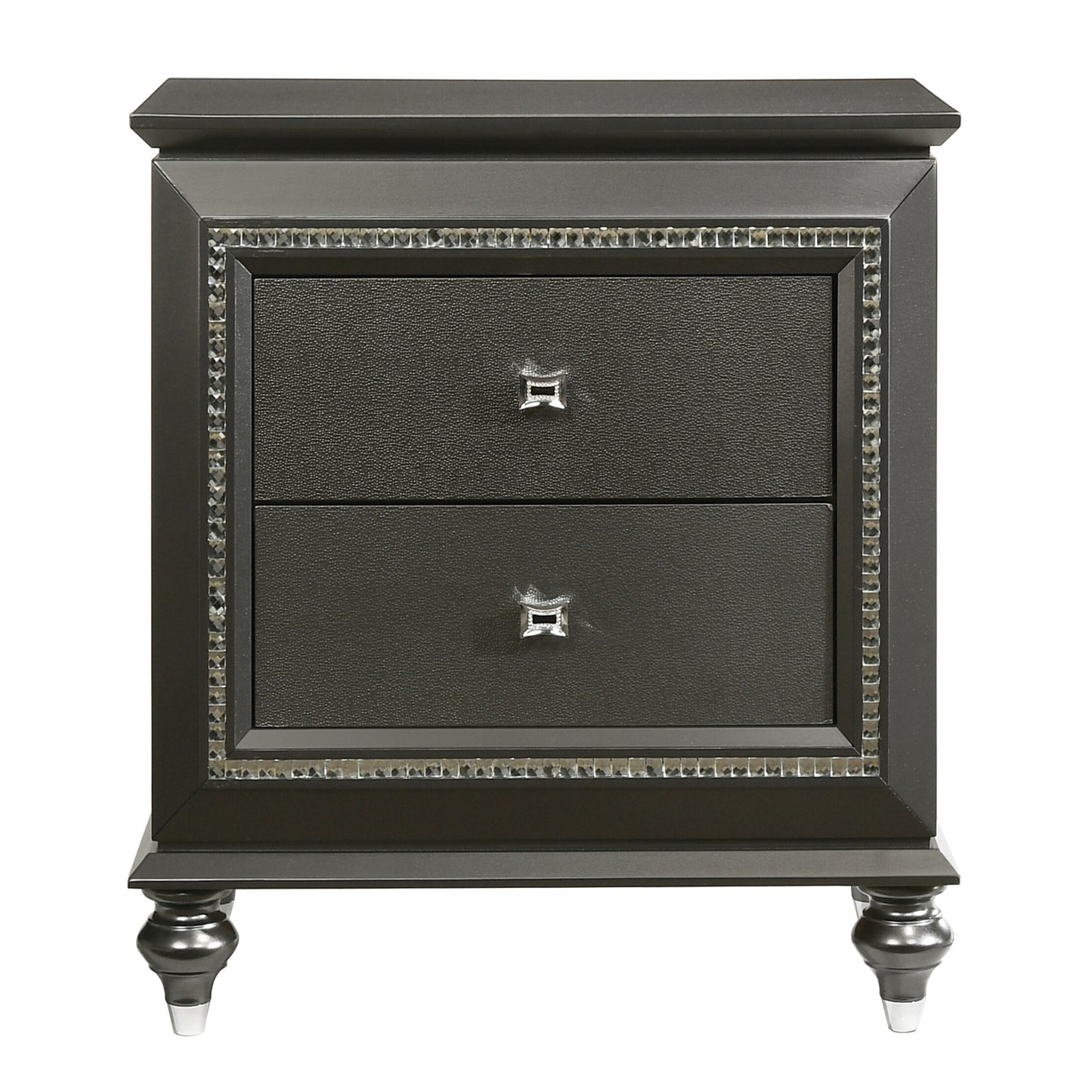 Glamorous dark gray nightstand with two textured drawers and crystalencrusted trim