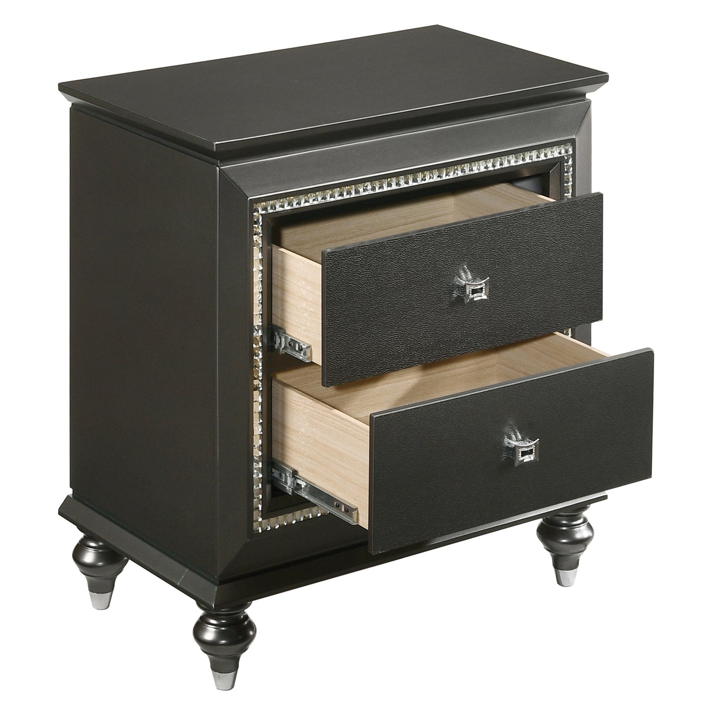 Glamorous dark grey nightstand with two drawers adorned with crystal trim and chrome pulls
