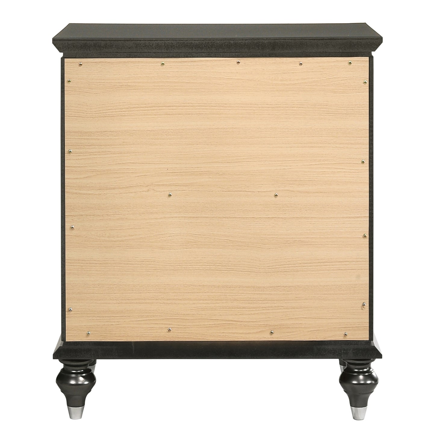 Back of black and wood grain nightstand with decorative legs