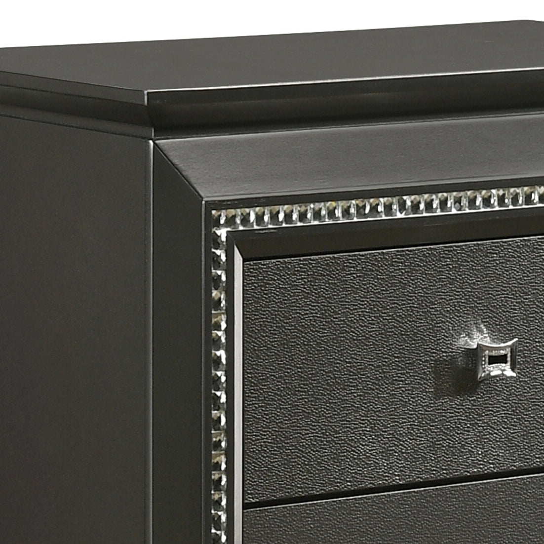 Dark gray dresser with textured drawer front and crystal accents
