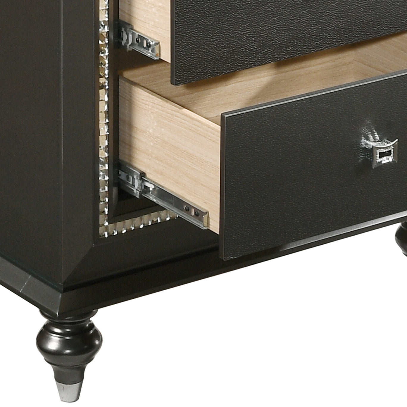 Dark wood nightstand with faux textured drawer fronts and crystal trim detail