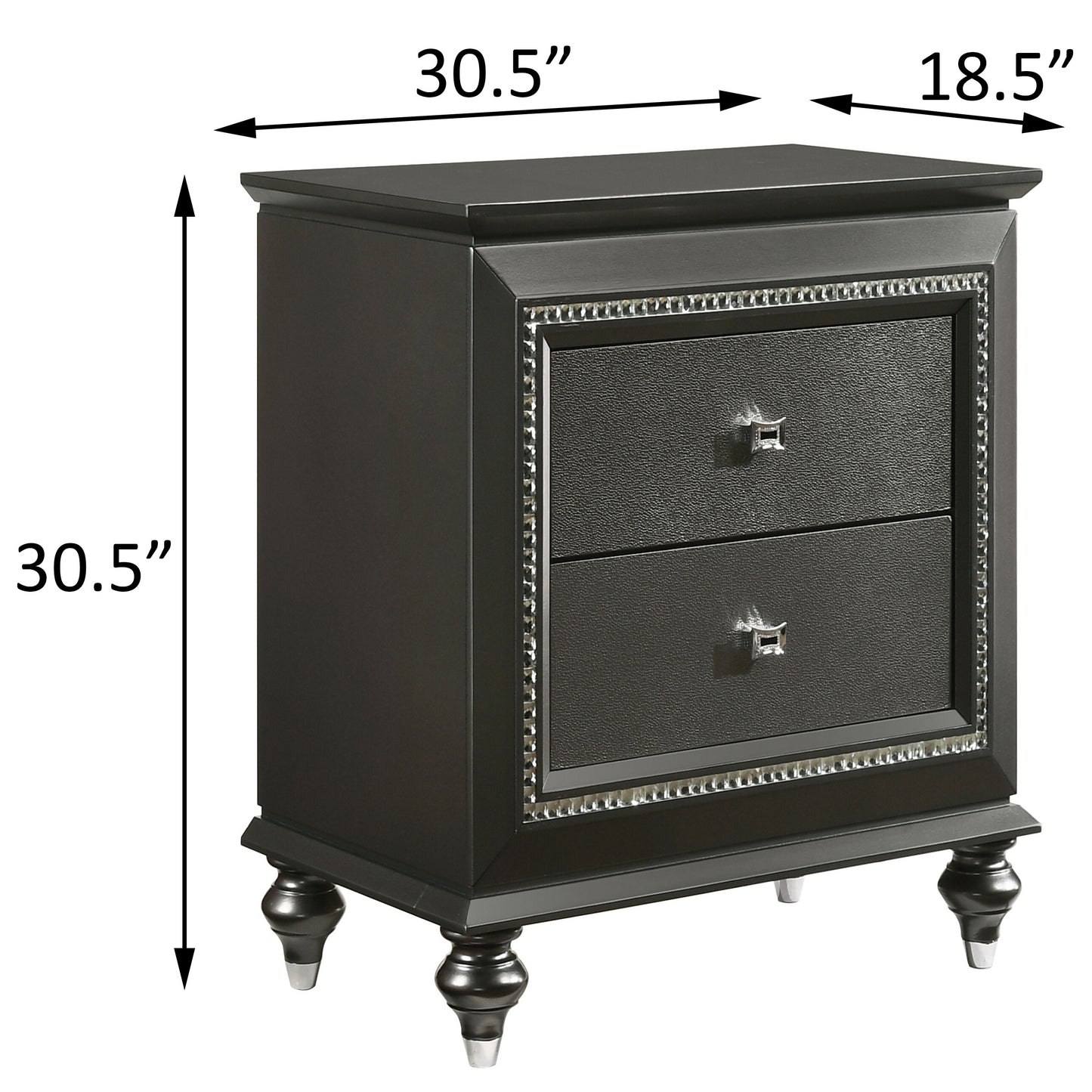Dark gray nightstand with textured drawers and crystal trim high