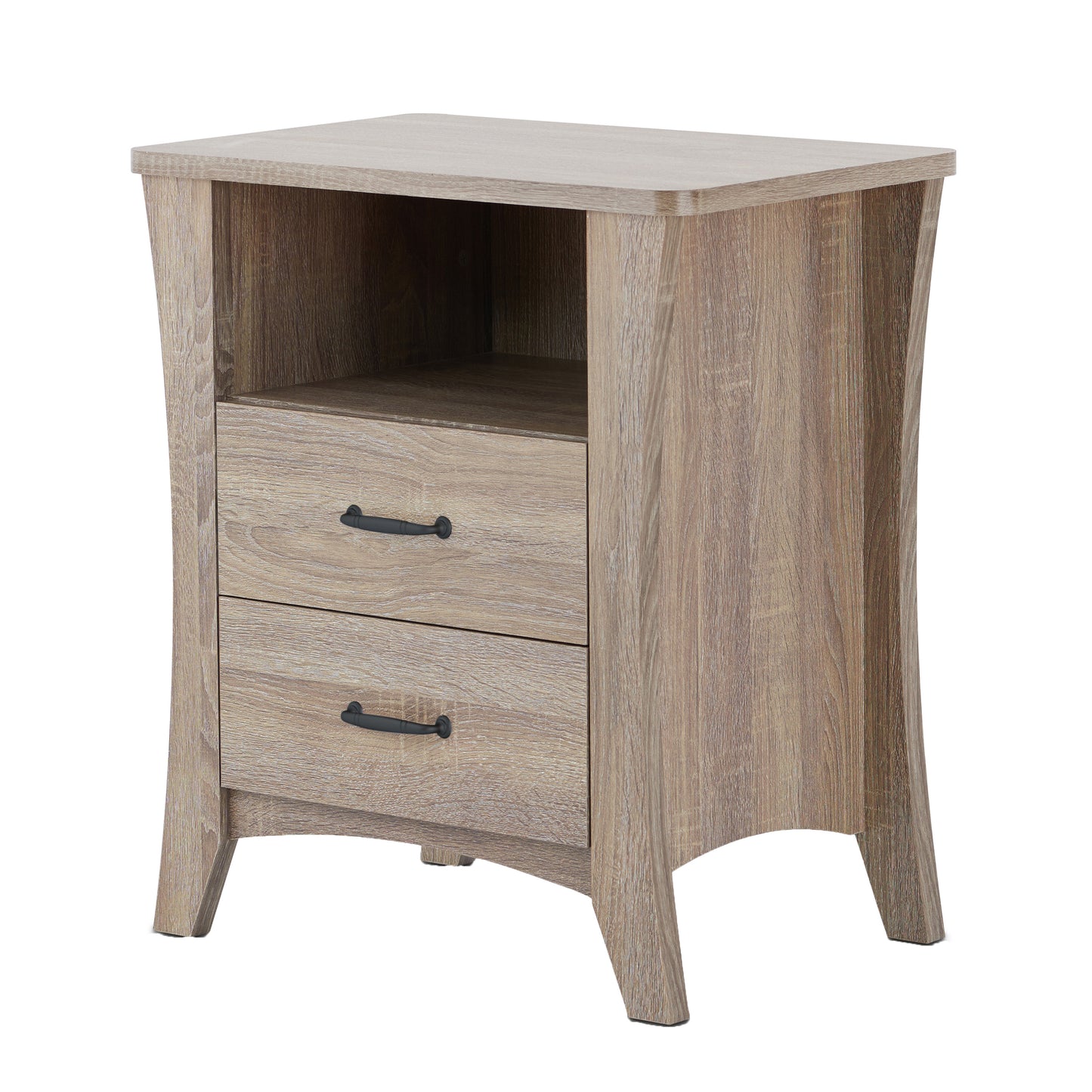 Light oak veneer nightstand with two drawers and open shelf