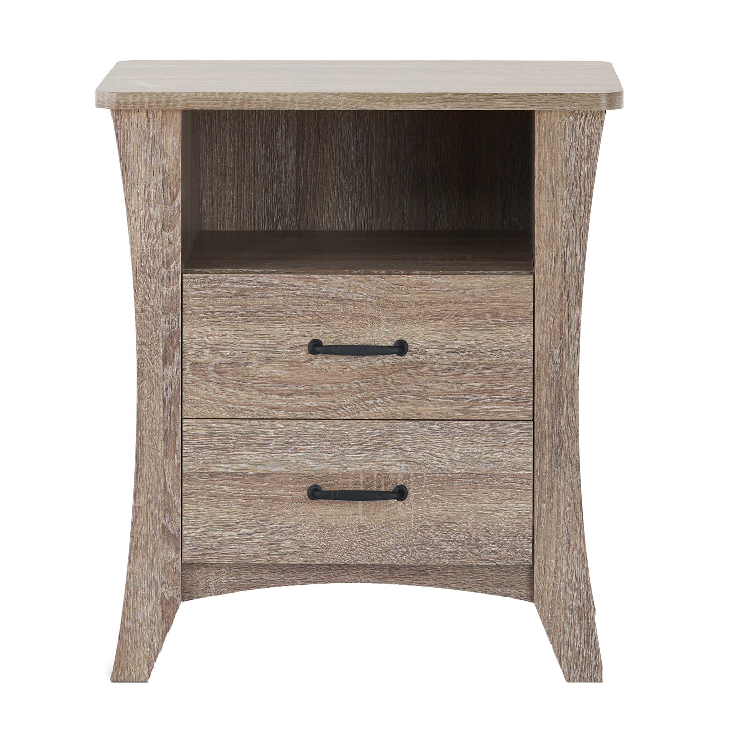 Rustic oak wood bedside table with two drawers and open shelf