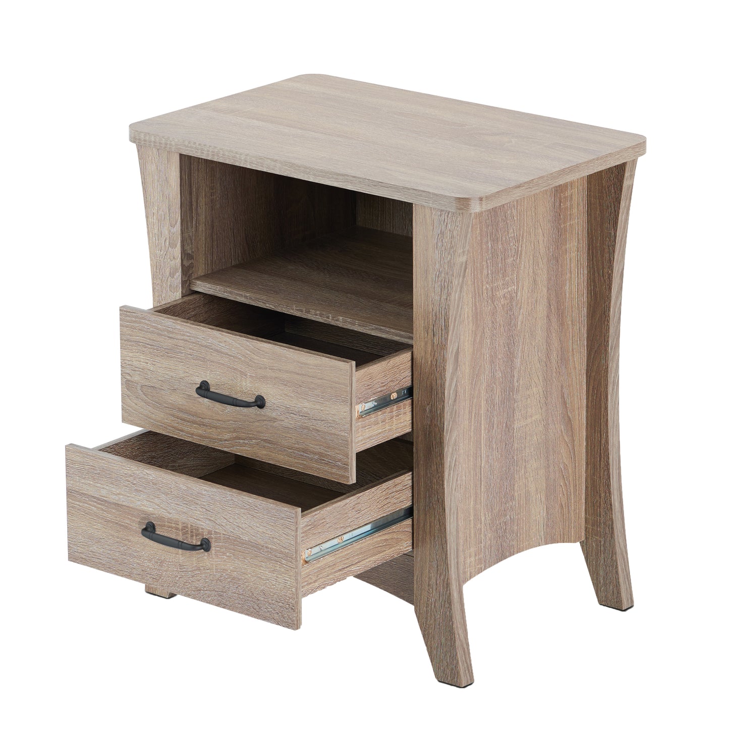 Light wood grain nightstand with two open drawers and black handles