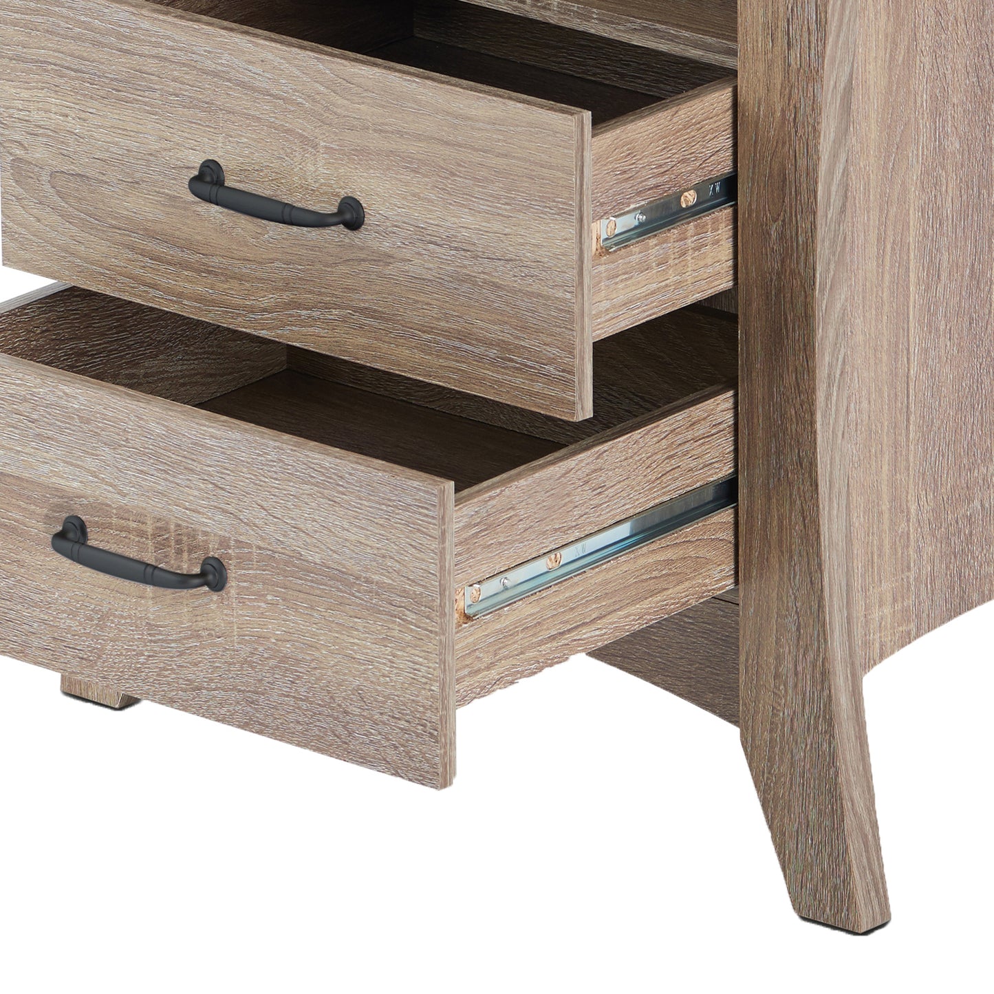 Rustic oak dresser with two open drawers featuring black metal handles and smooth drawer glides