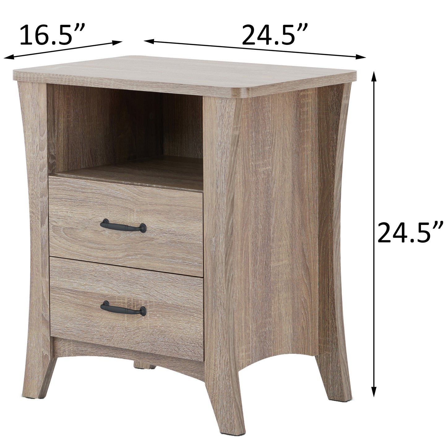 Light oak twodrawer nightstand with open shelf and black metal handles