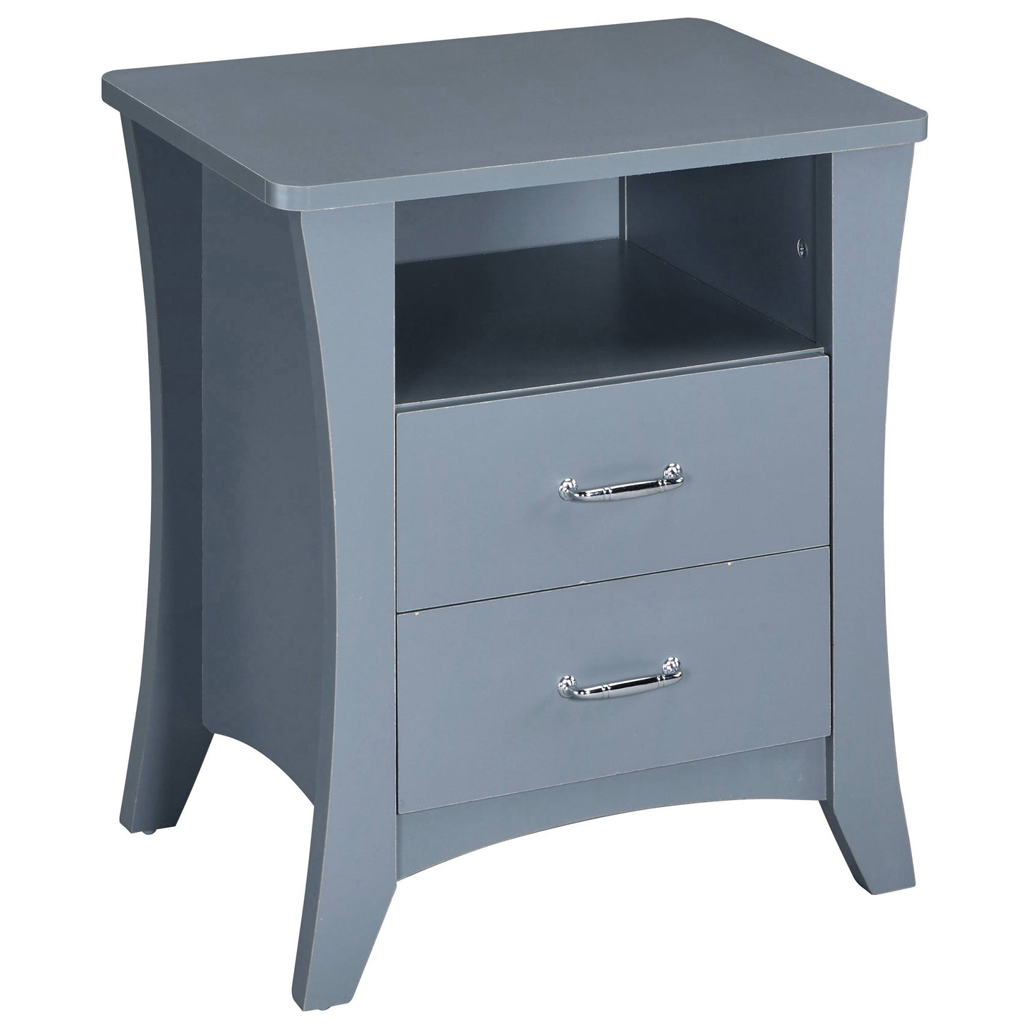Gray wooden nightstand with two drawers and a shelf ideal for bedroom storage