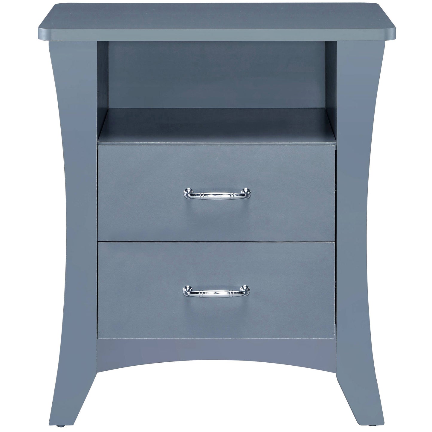 Modern gray wooden nightstand with two drawers and silver hardware for bedroom storage